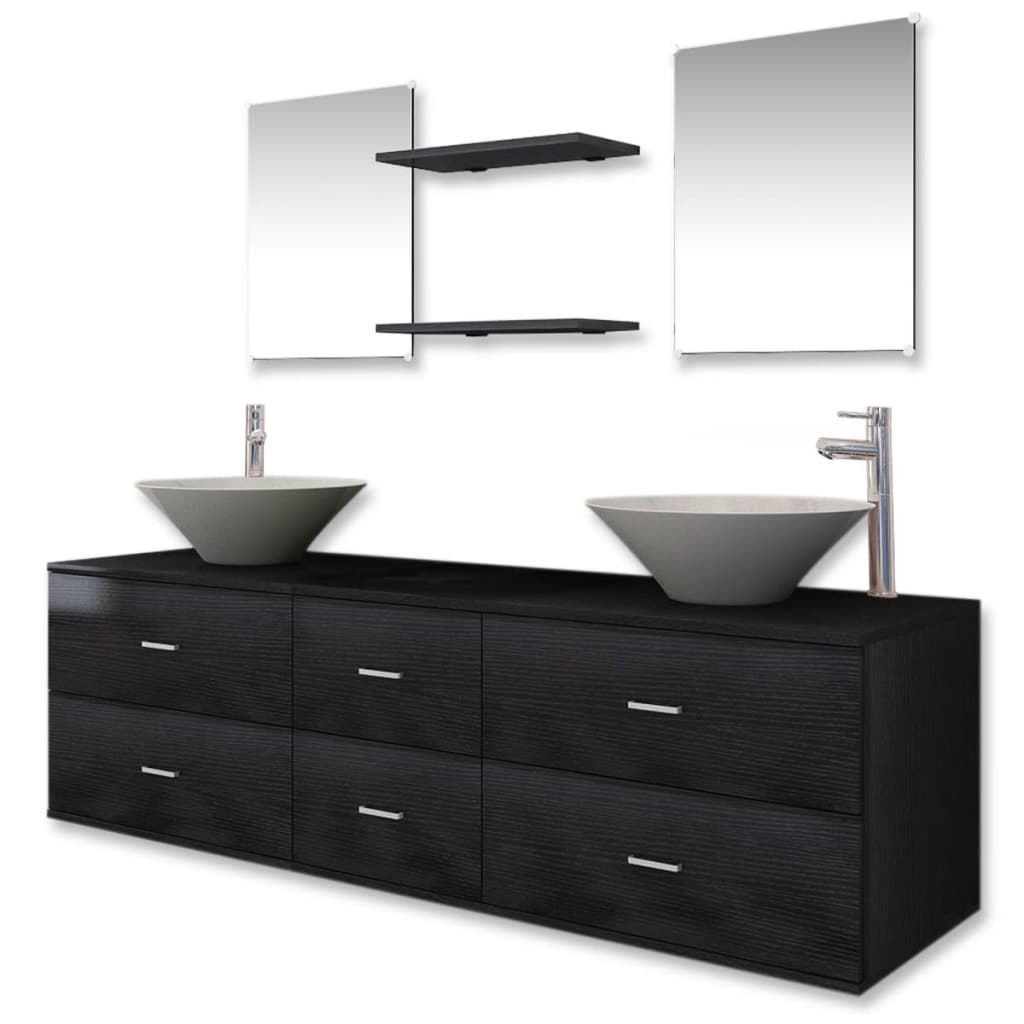 Vetonek Conjunto de muebles de baño con lavabo y grifo 9 piezas negro