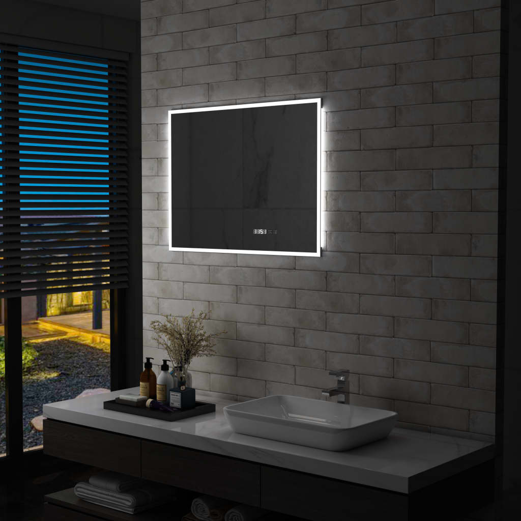 Vetonek Espejo de baño con LED, sensor táctil y reloj 80x60 cm