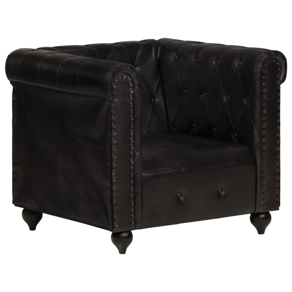 Vetonek Sillón Chesterfield de cuero auténtico negro