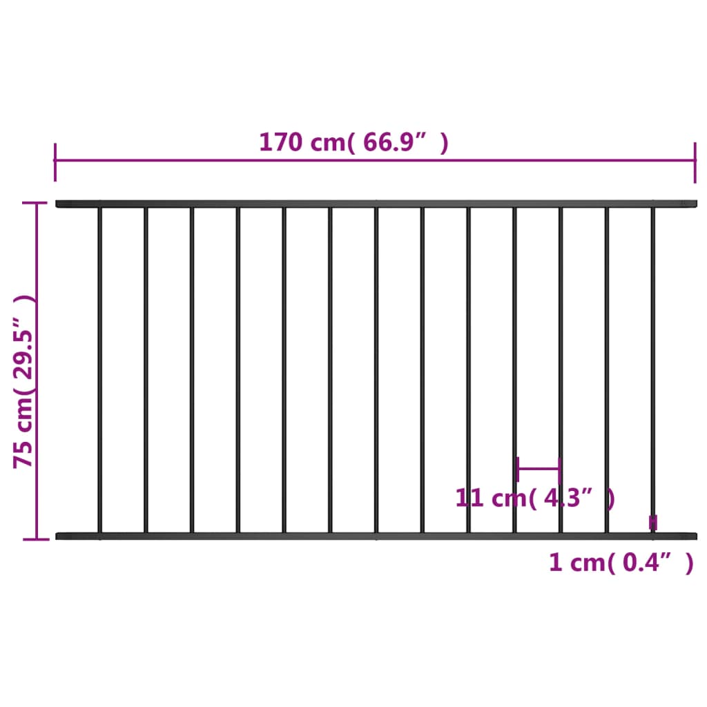 Panel de valla de acero con recubrimiento polvo negro 1,7x0,75m