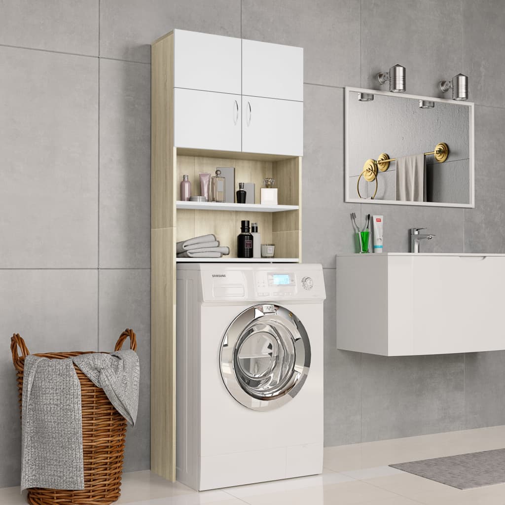 White and sonoma oak washing machine cabinet 64x25.5x190 cm v1932 Vetonek