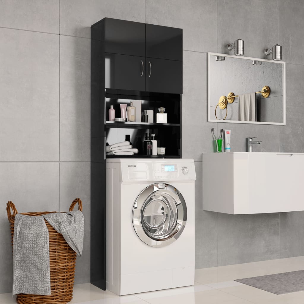 Glossy black washing machine cabinet 64x25.5x190 cm v1956 Vetonek