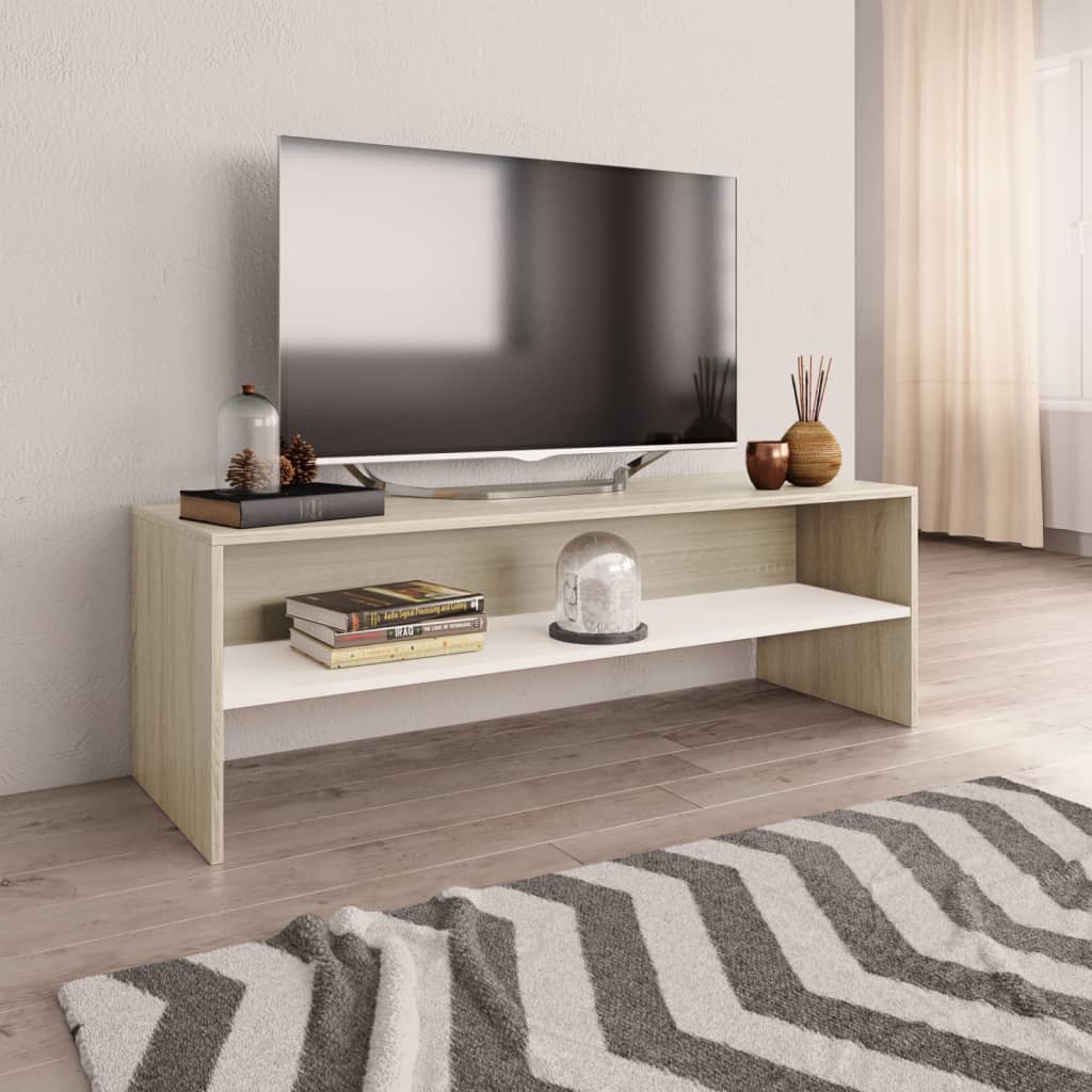 Vetonek Mueble de TV madera contrachapada blanco y roble 120x40x40cm