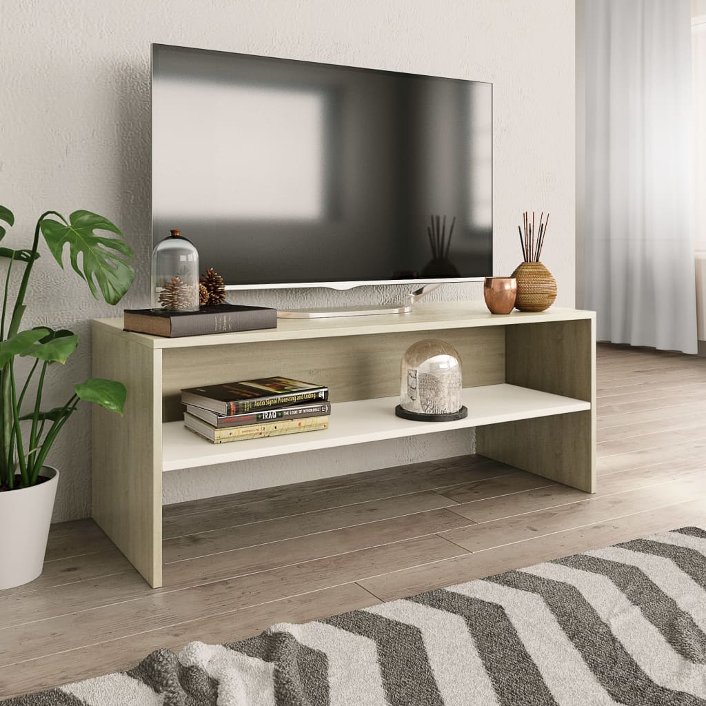 Vetonek Mueble de TV madera contrachapada blanco y roble 100x40x40 cm