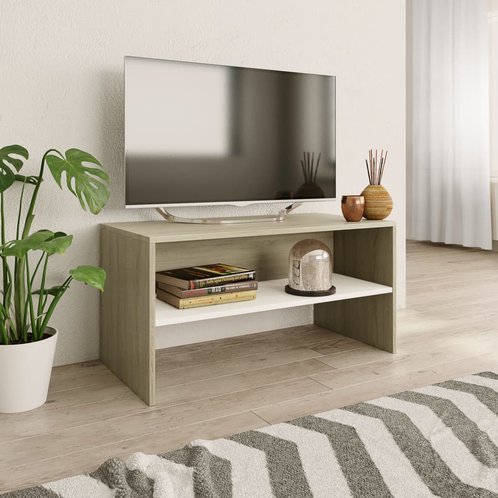 Vetonek Mueble de TV madera contrachapada blanco y roble 80x40x40 cm