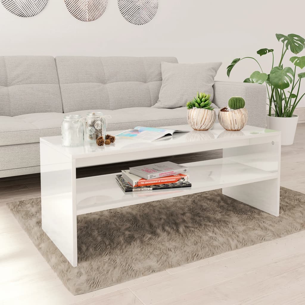 Vetonek Mesa de centro madera contrachapada blanco brillo 100x40x40 cm