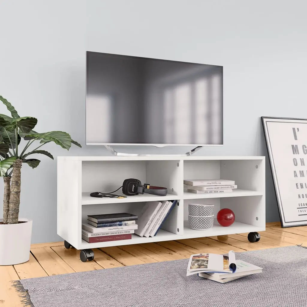 Vetonek Mueble de TV con ruedas madera contrachapada blanco 90x35x35 cm