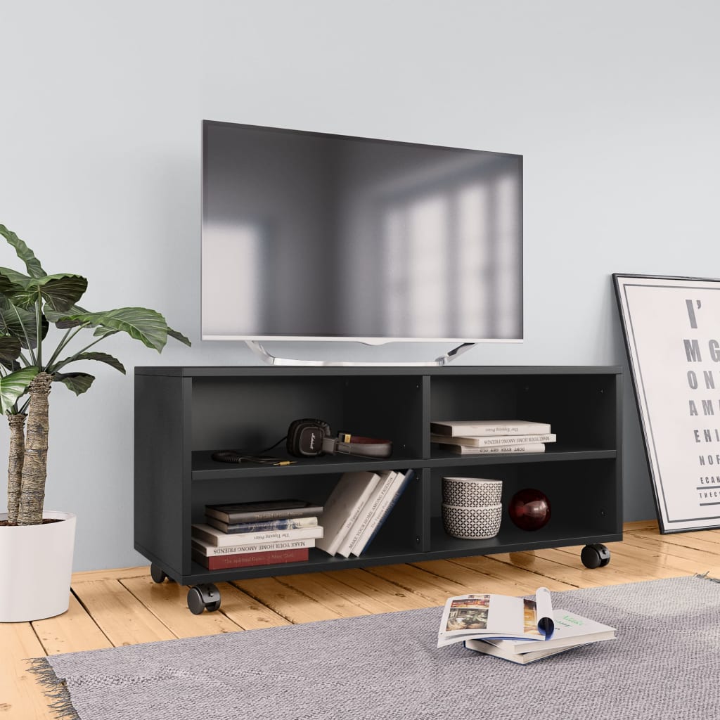 Vetonek Mueble de TV con ruedas madera contrachapada negro 90x35x35 cm