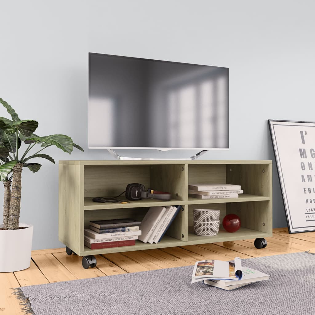 Vetonek Mueble de TV ruedas madera contrachapada color roble 90x35x35cm