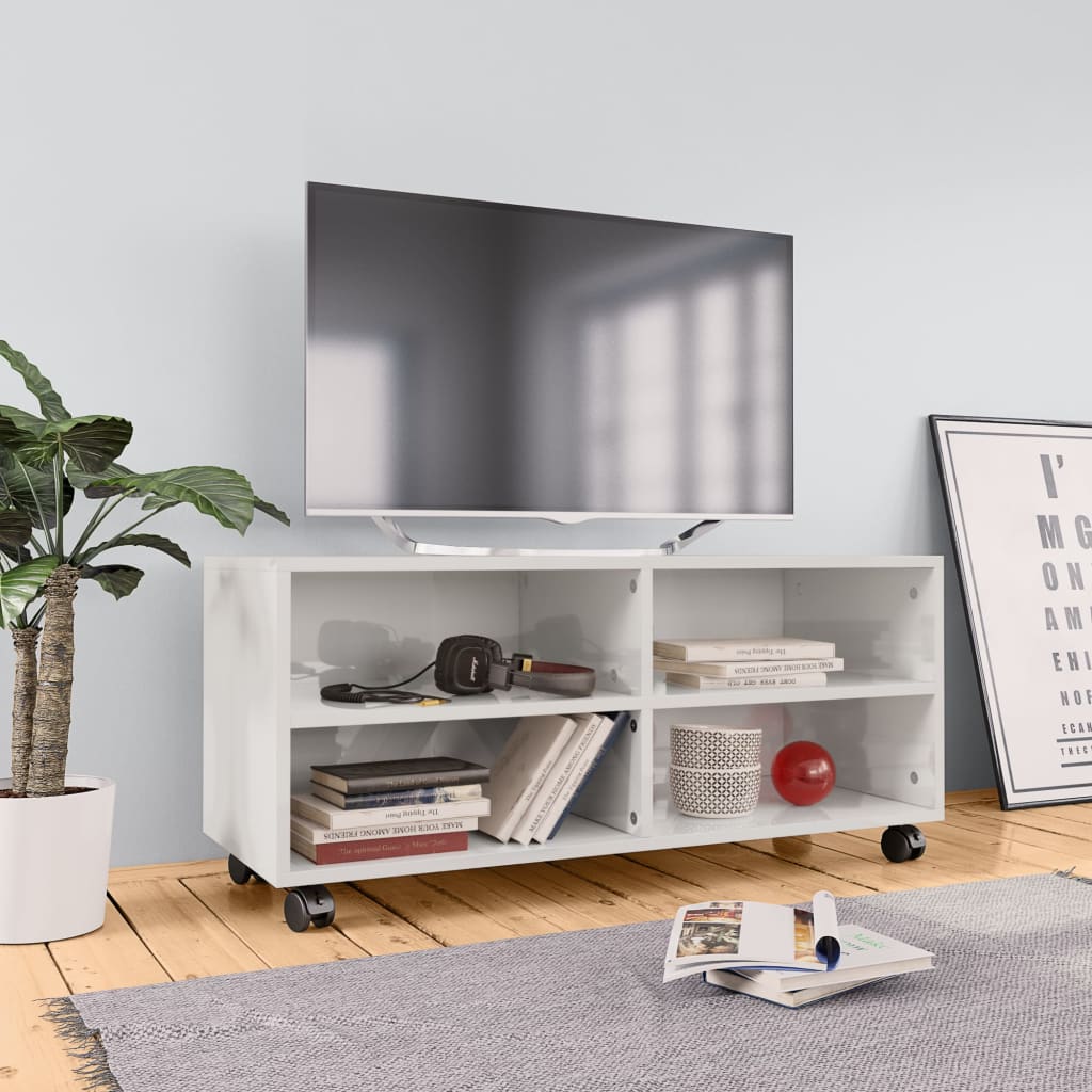 Vetonek Mueble de TV con ruedas contrachapada blanco brillo 90x35x35 cm