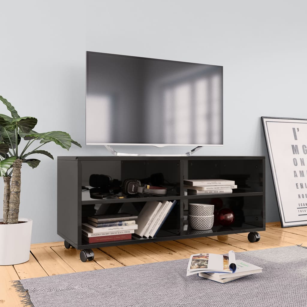 Vetonek Mueble de TV con ruedas contrachapada negro brillo 90x35x35 cm