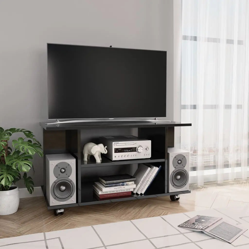 Vetonek Mueble de TV ruedas madera ingeniería negro brillo 80x40x45 cm