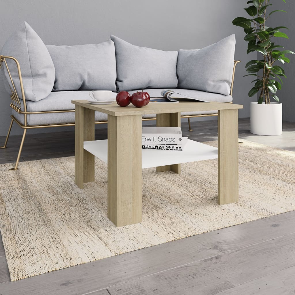 Vetonek Mesa de centro madera contrachapada blanco y Sonoma 60x60x42 cm