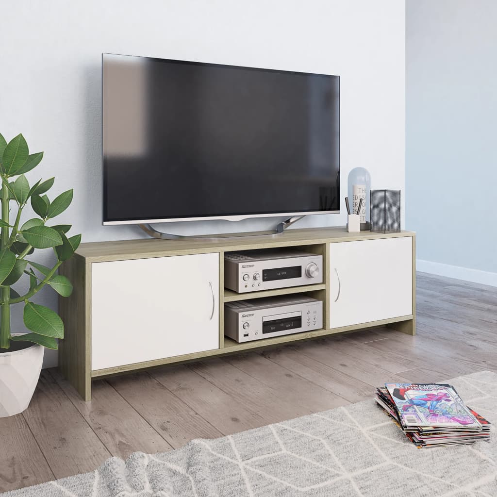 Vetonek Mueble de TV madera contrachapada blanco y roble 120x30x37,5 cm