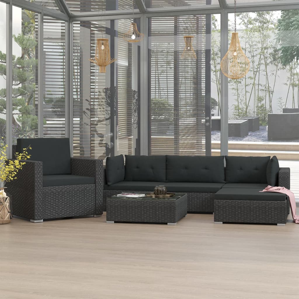 Vetonek Set muebles de jardín 6 piezas y cojines ratán sintético negro