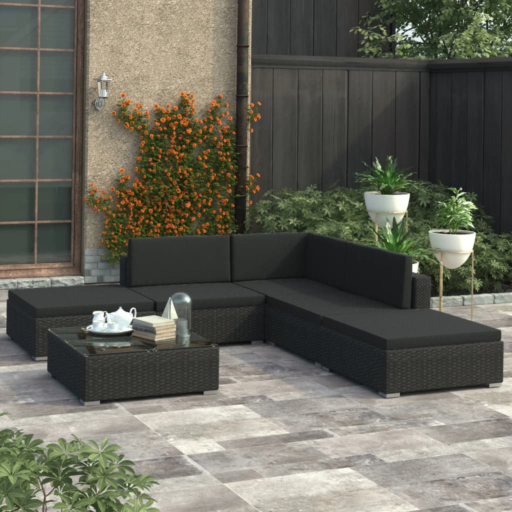 Vetonek Set muebles de jardín 6 piezas y cojines ratán sintético negro