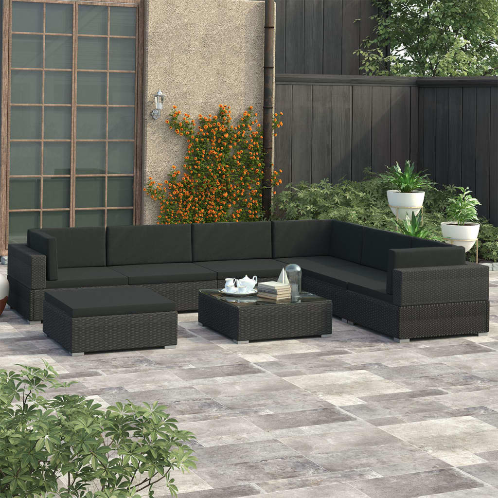 Vetonek Set muebles de jardín 8 piezas y cojines ratán sintético negro