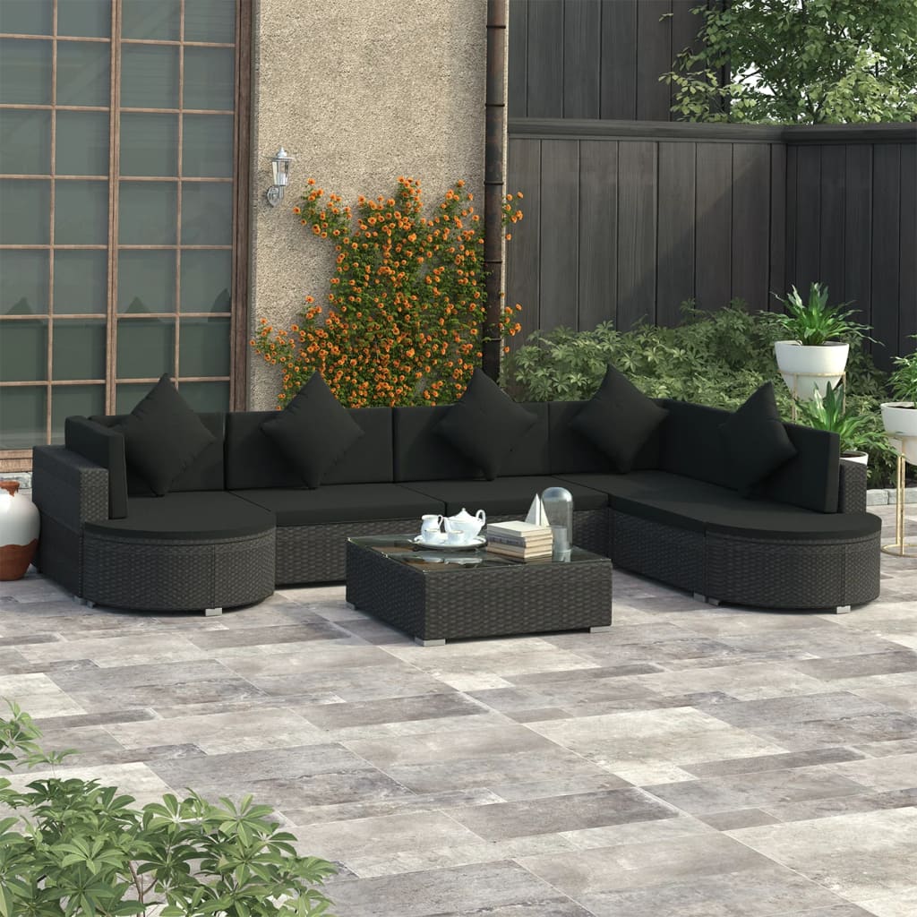 Vetonek Set muebles de jardín y cojines 8 piezas ratán sintético negro