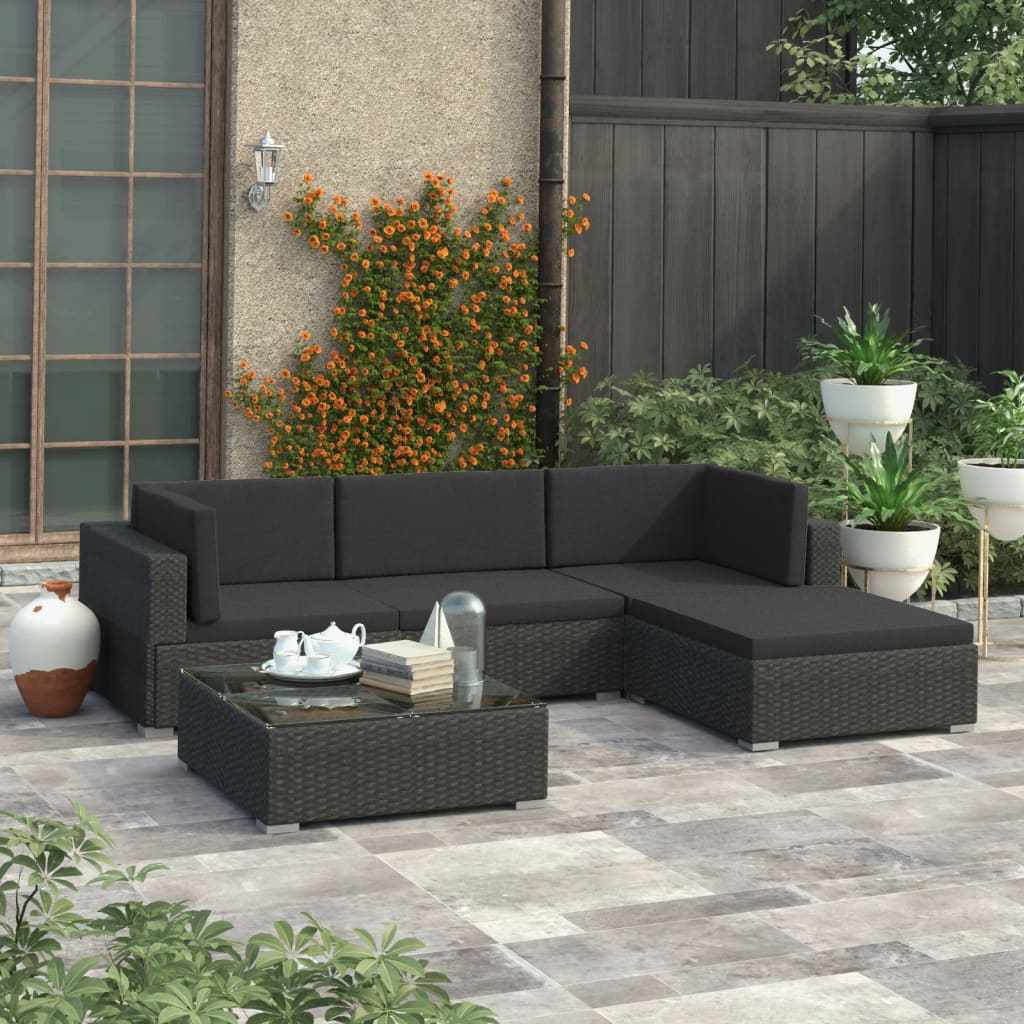 Vetonek Set muebles de jardín y cojines 5 piezas ratán sintético negro  