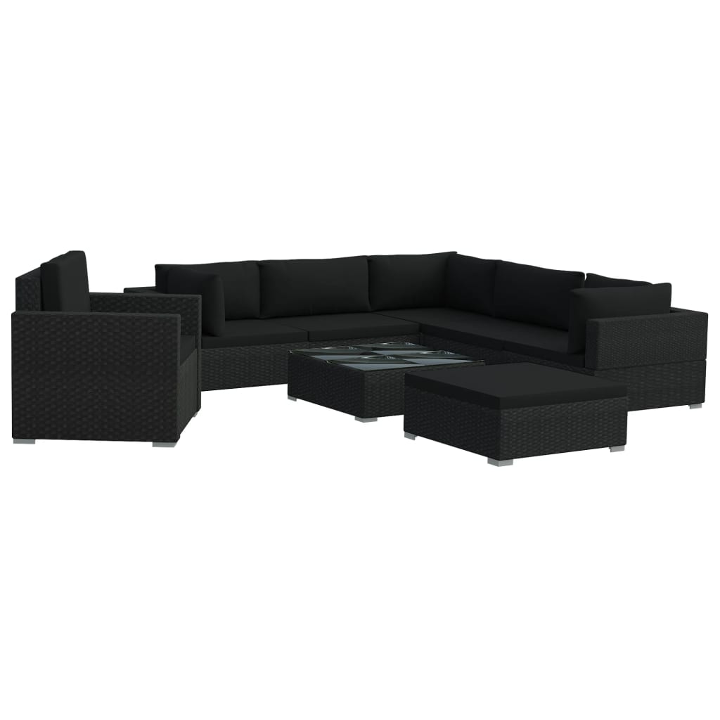 Set muebles de jardín 8 piezas y cojines ratán sintético negro vidaXL