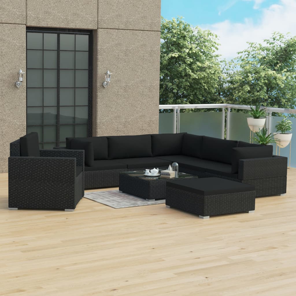 Vetonek Set muebles de jardín 8 piezas y cojines ratán sintético negro