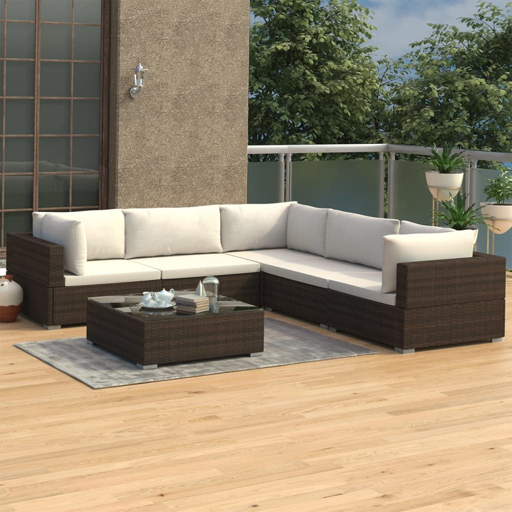 Vetonek Set muebles de jardín 6 piezas y cojines ratán sintético marrón