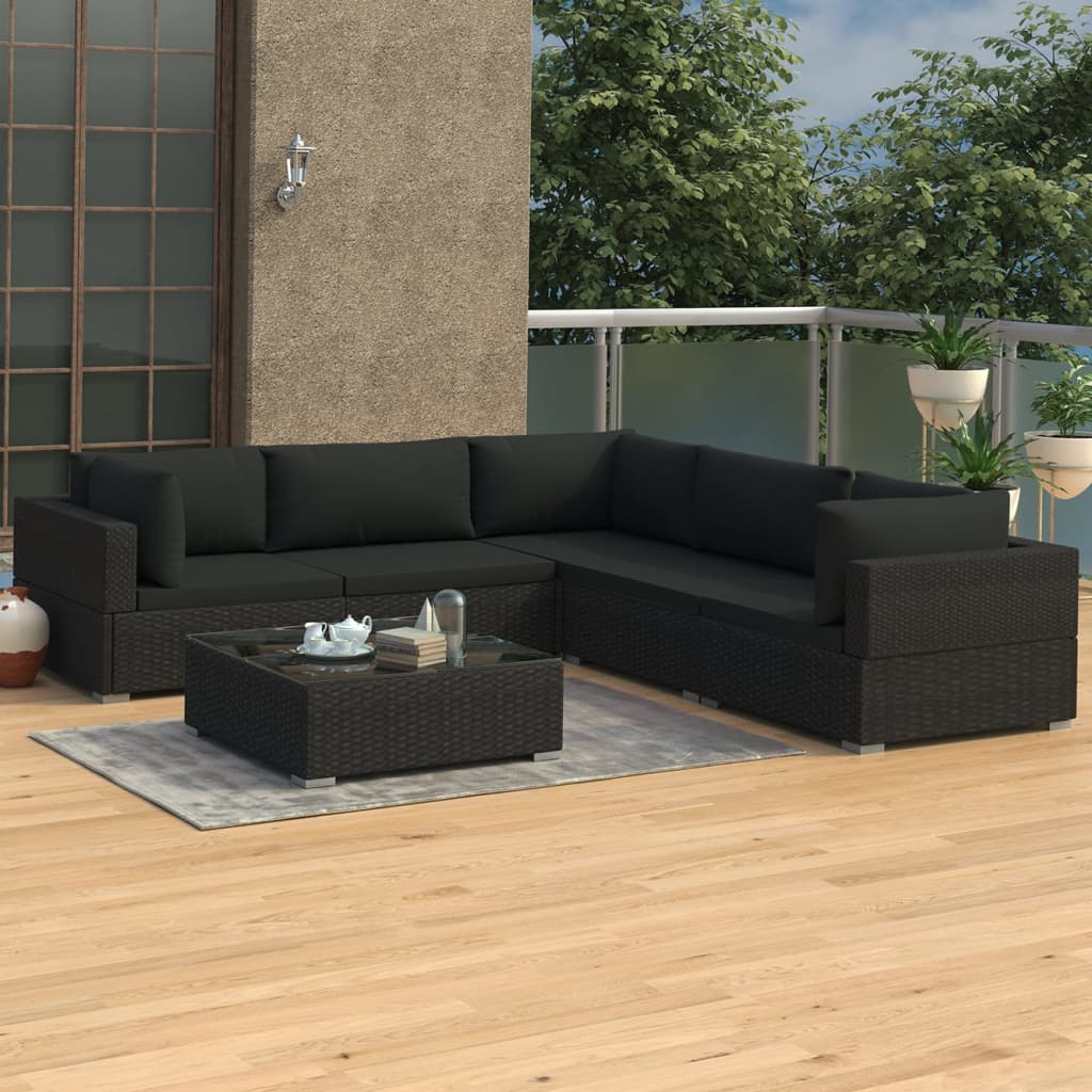 Vetonek Set muebles de jardín 6 piezas y cojines ratán sintético negro