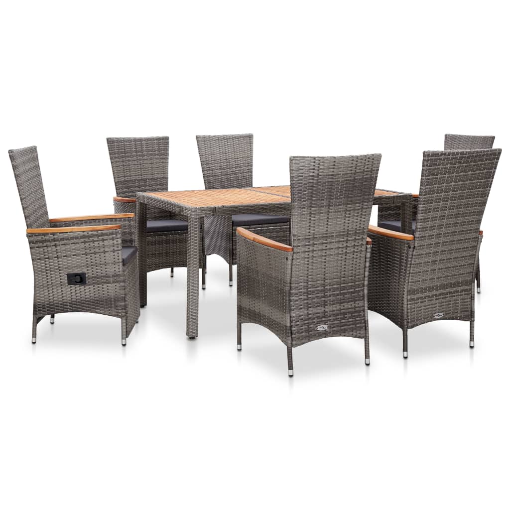 Vetonek Set de comedor de jardín 7 pzas y cojines ratán sintético gris