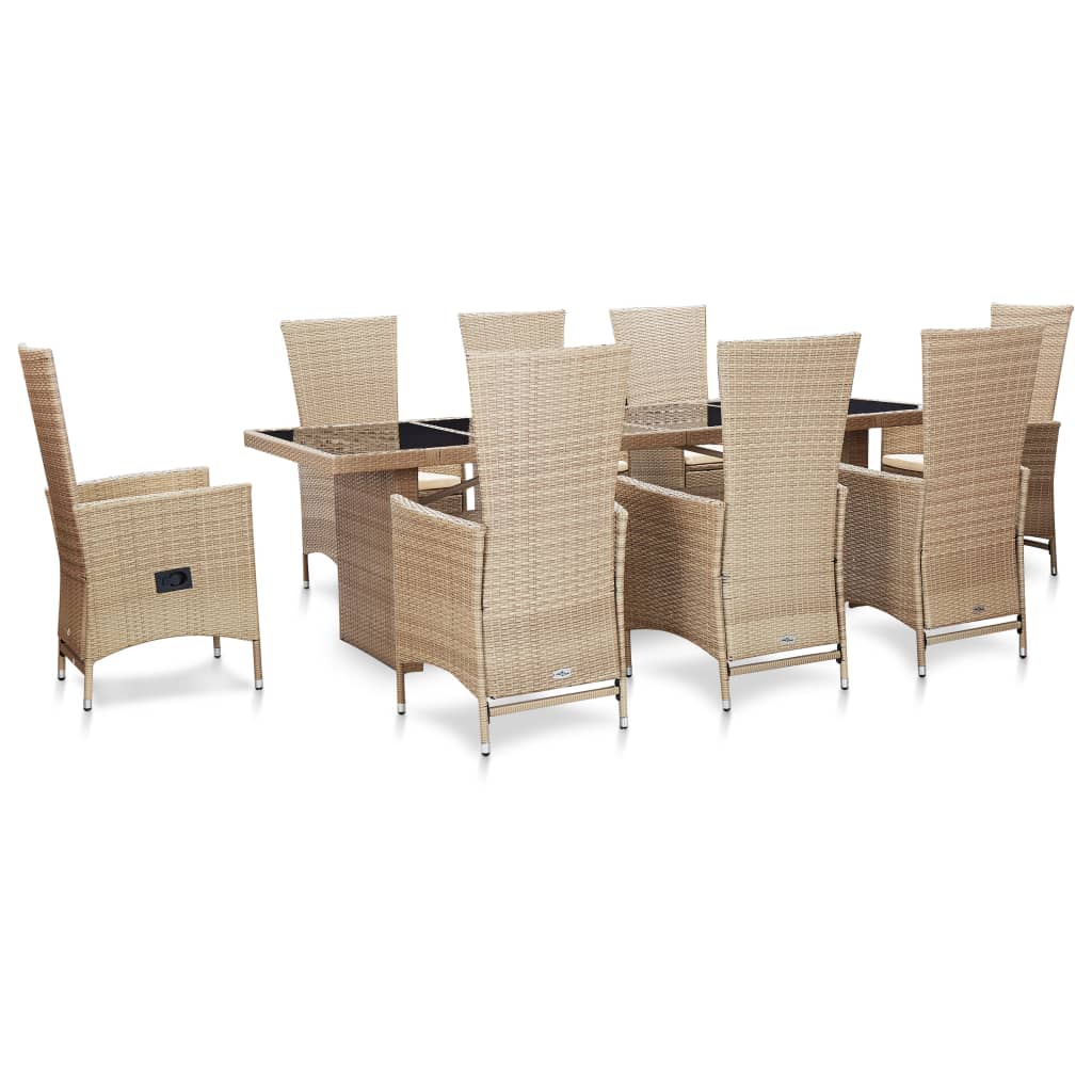 Vetonek Set comedor de jardín 9 piezas y cojines ratán sintético beige