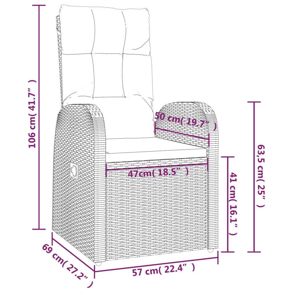 Garden reclining chairs and cushions 2 uds ratán pe black