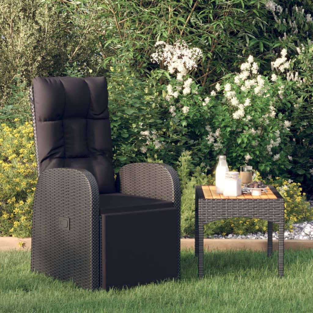 Vetonek Sillón reclinable de jardín con cojín ratán sintético negro