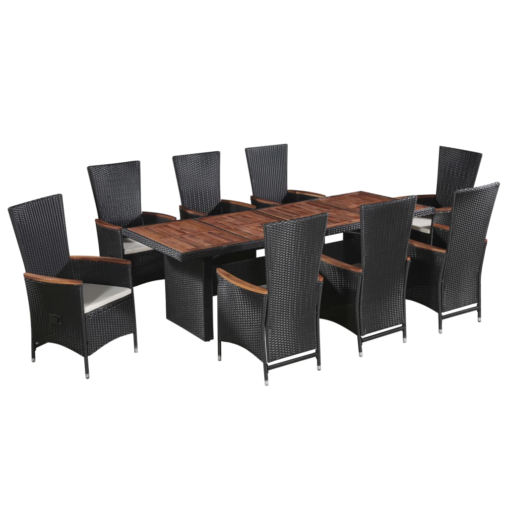 Vetonek Set comedor de jardín 9 piezas y cojines ratán sintético negro  