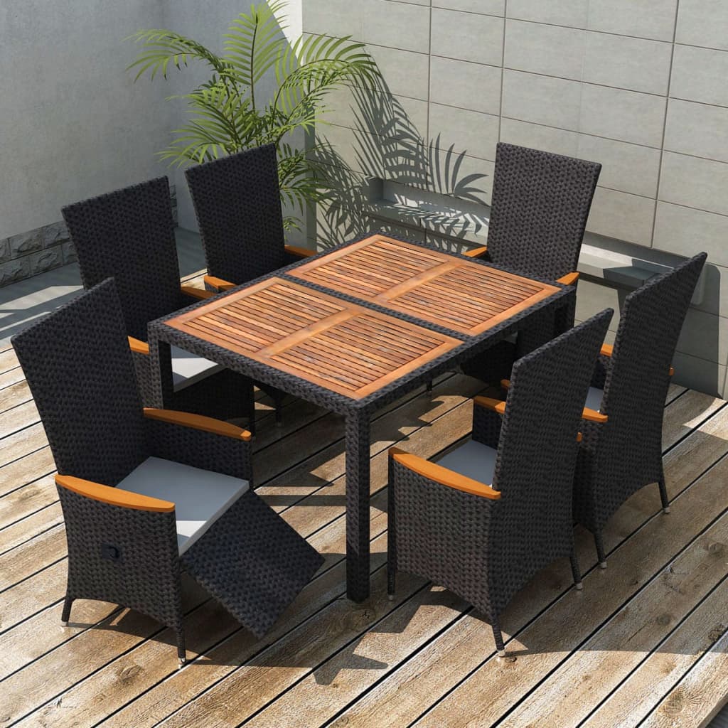 Vetonek Set comedor de jardín 7 piezas ratán sintético y madera negro