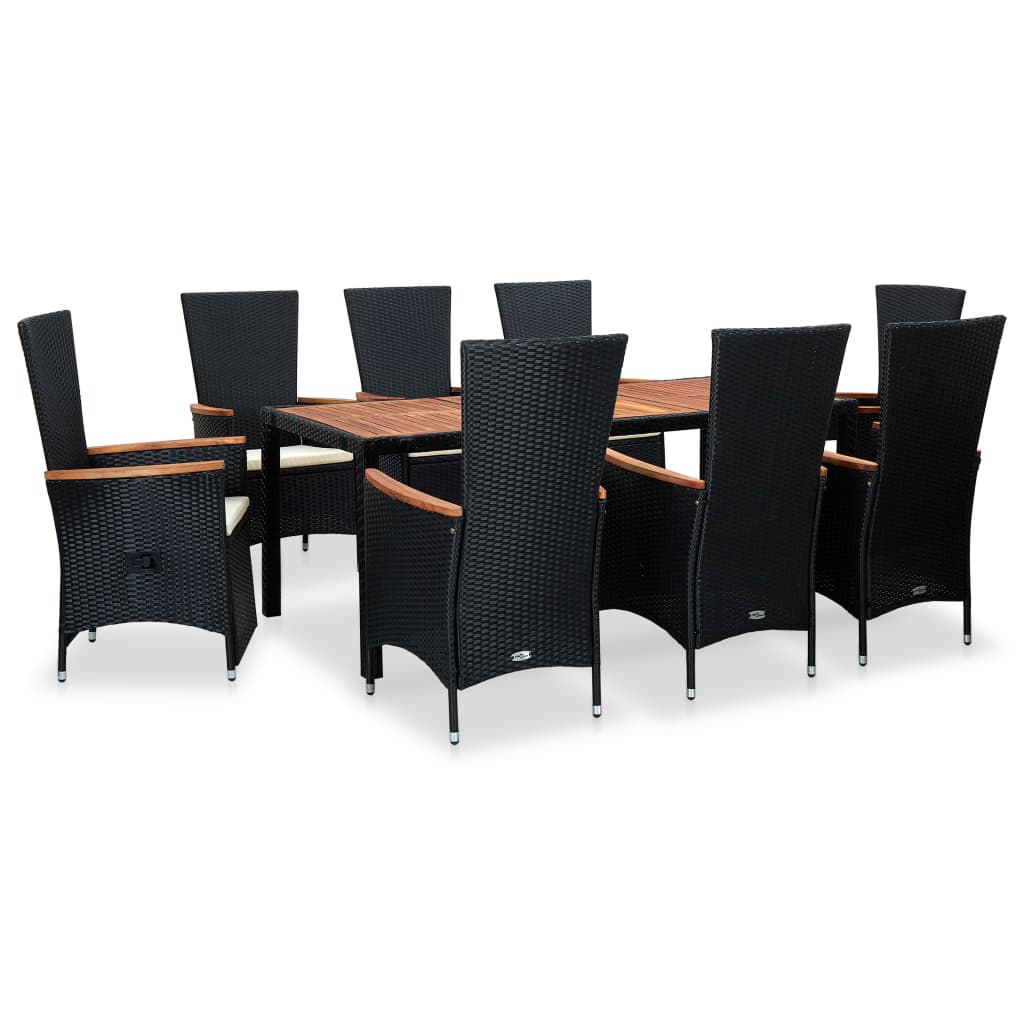 Vetonek Set comedor de jardín 9 piezas y cojines ratán sintético negro