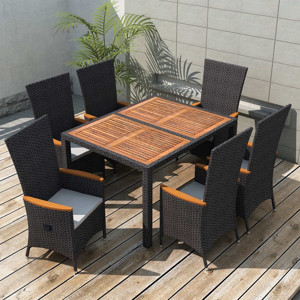 Vetonek Set comedor de jardín 7 piezas ratán sintético y madera negro