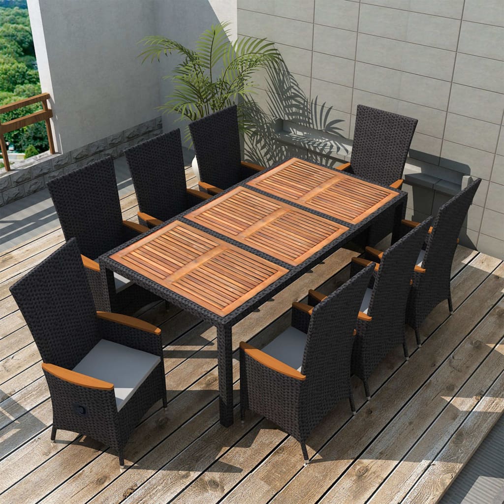 Vetonek Set comedor jardín 9 pzas ratán sintético y madera acacia negro