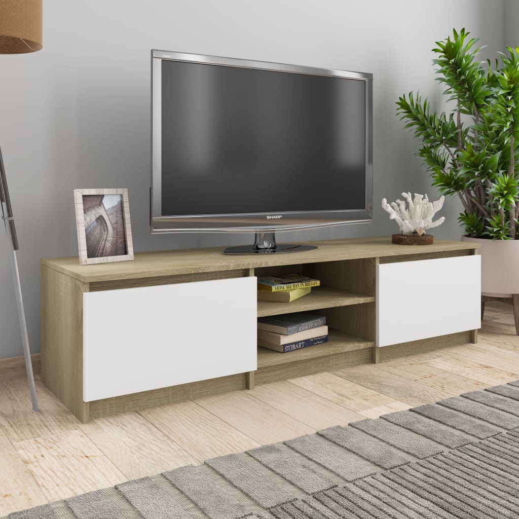 Vetonek Mueble de TV madera contrachapada blanco y roble 140x40x35,5 cm