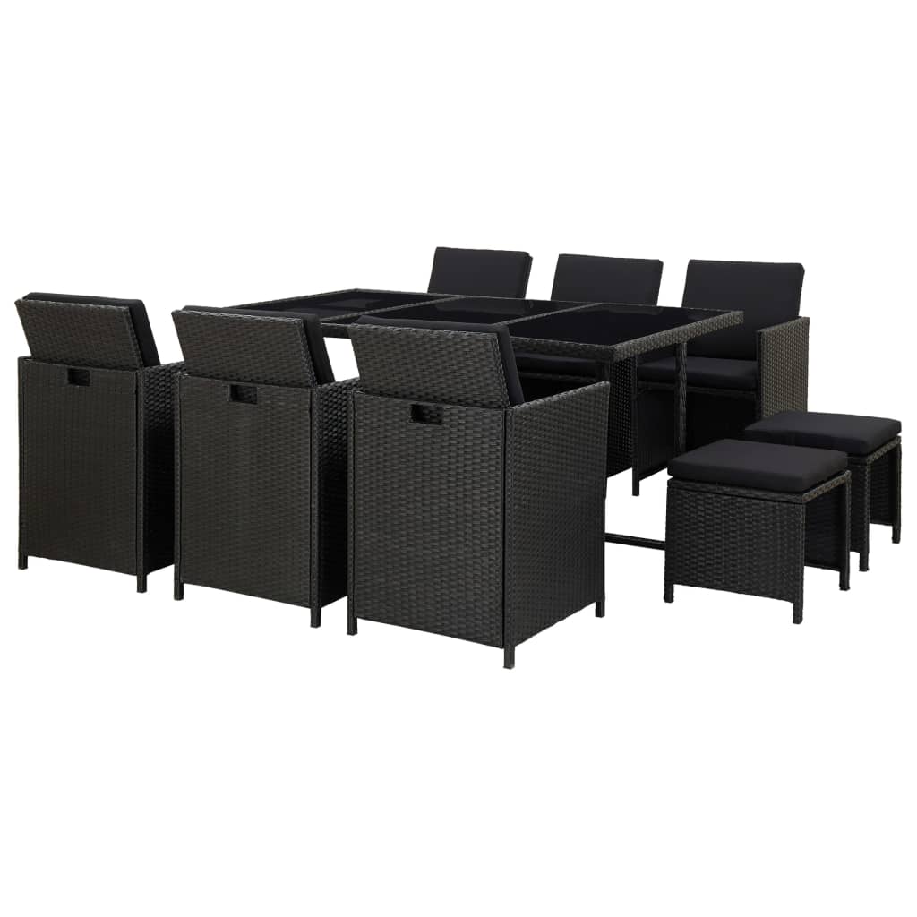 Vetonek Set comedor de jardín 11 piezas y cojines ratán sintético negro