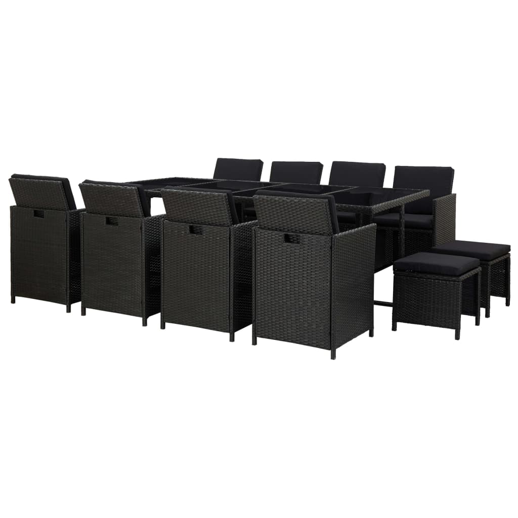 Vetonek Set comedor de jardín 13 piezas y cojines ratán sintético negro