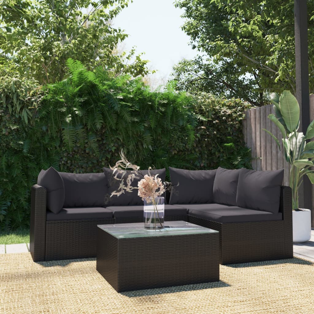 Vetonek Set muebles de jardín 5 piezas y cojines ratán sintético negro