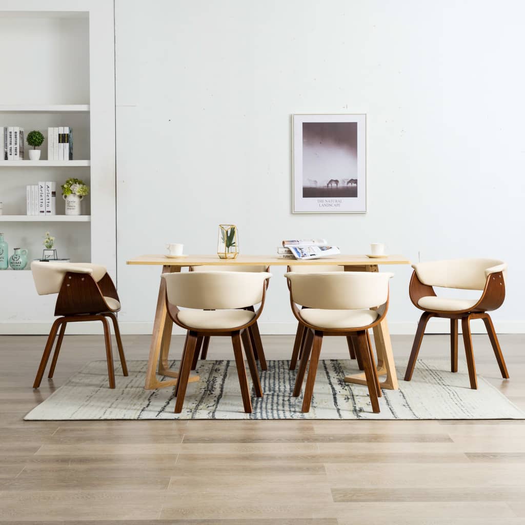 Vetonek Sillas de comedor 6 uds madera curvada y cuero sintético crema