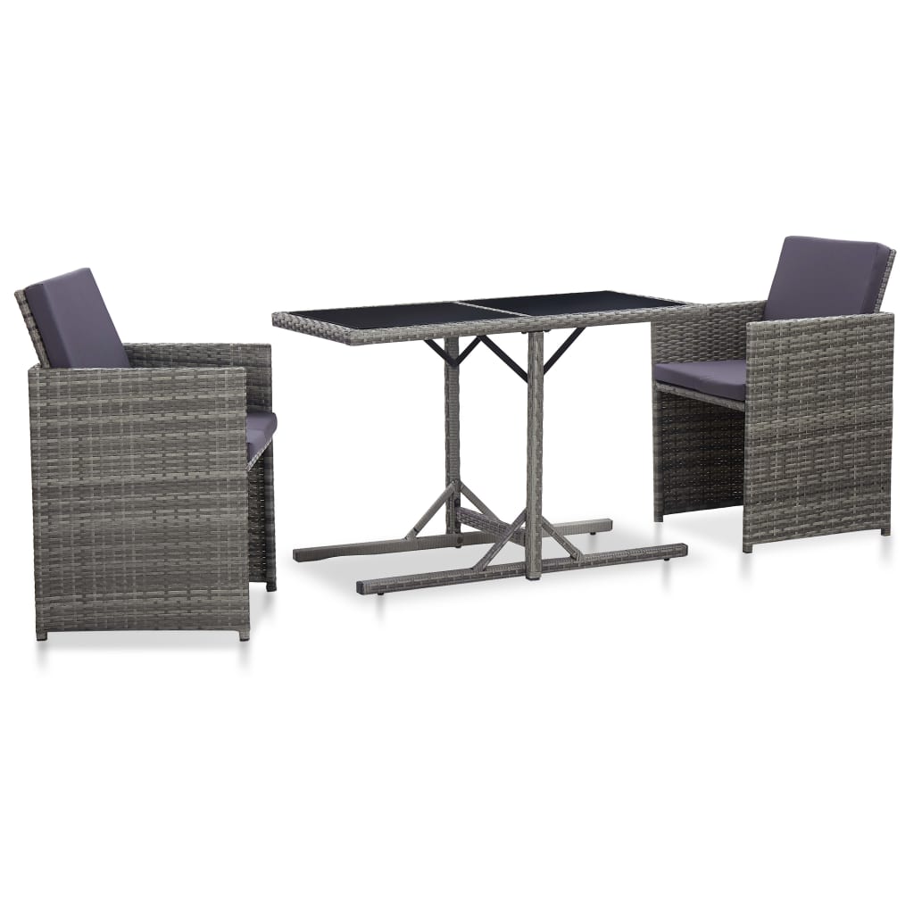 Vetonek Set de muebles bistro de jardín 3 piezas cojines ratán PE gris