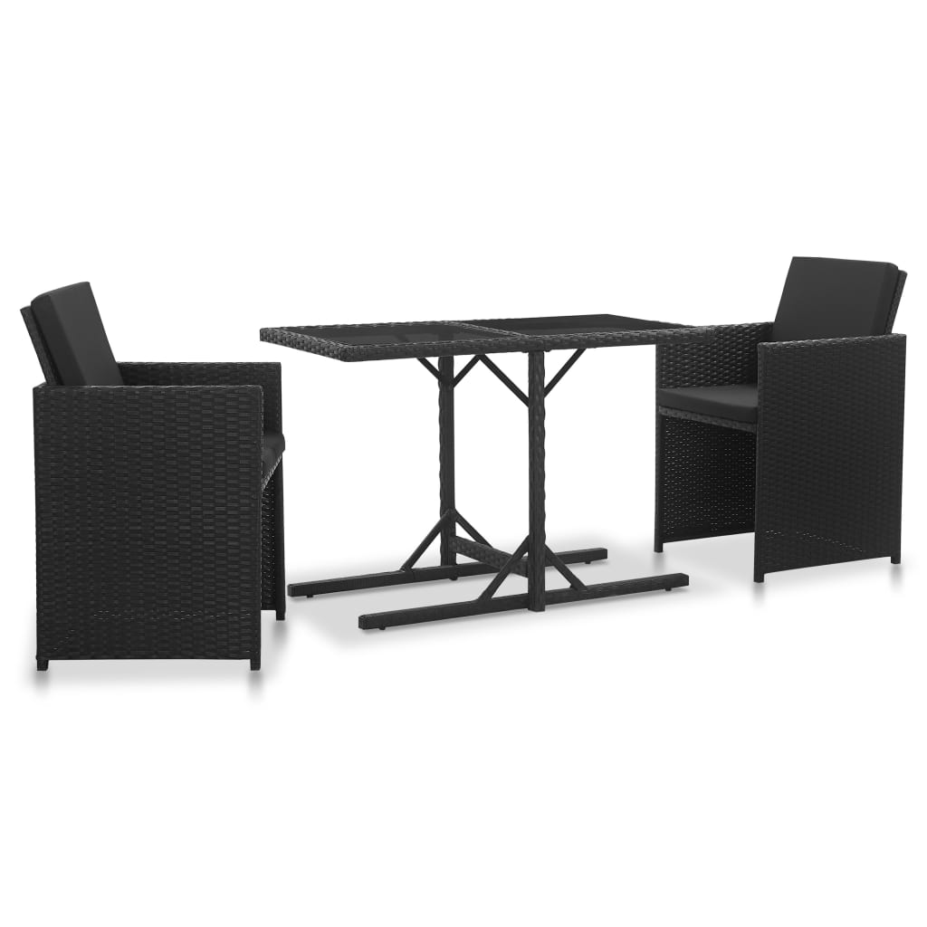 Vetonek Set comedor de jardín 3 piezas y cojines ratán sintético negro