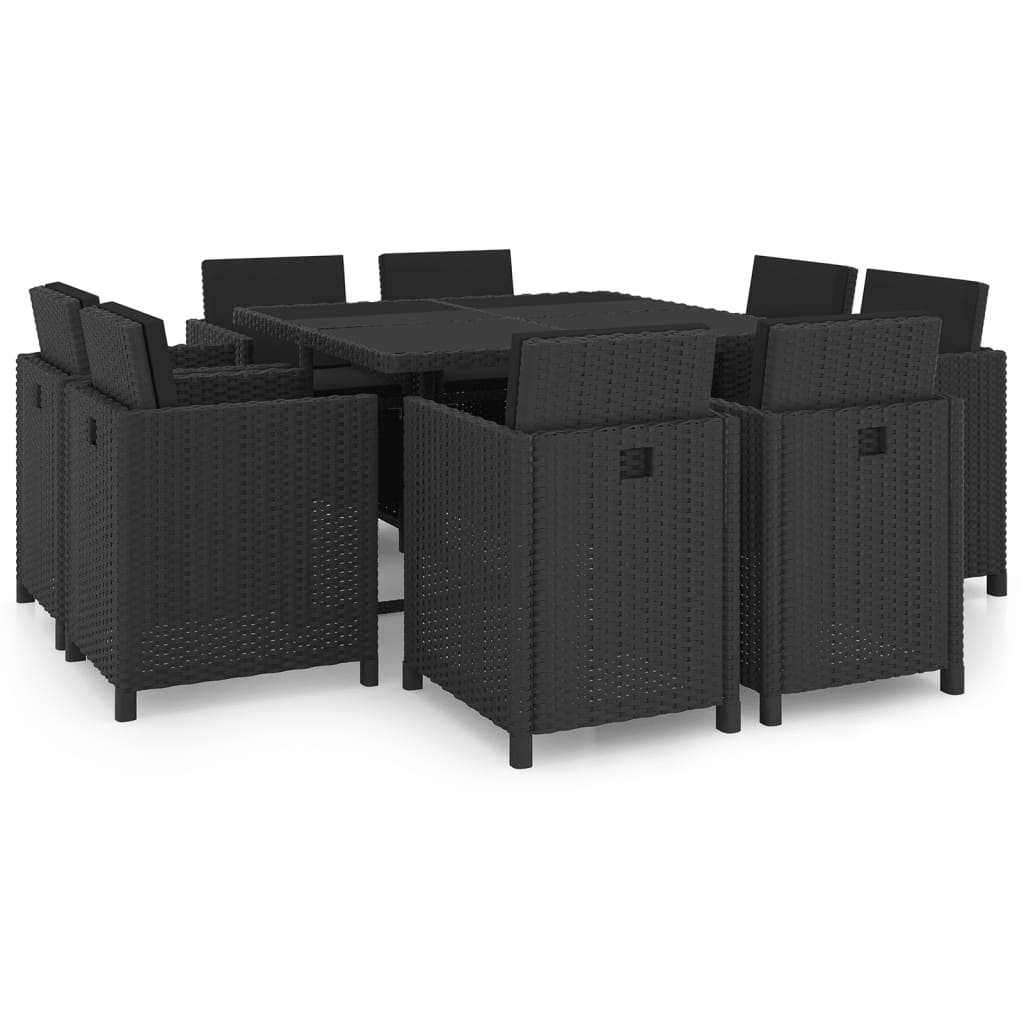 Vetonek Set comedor de jardín 9 piezas y cojines ratán sintético negro