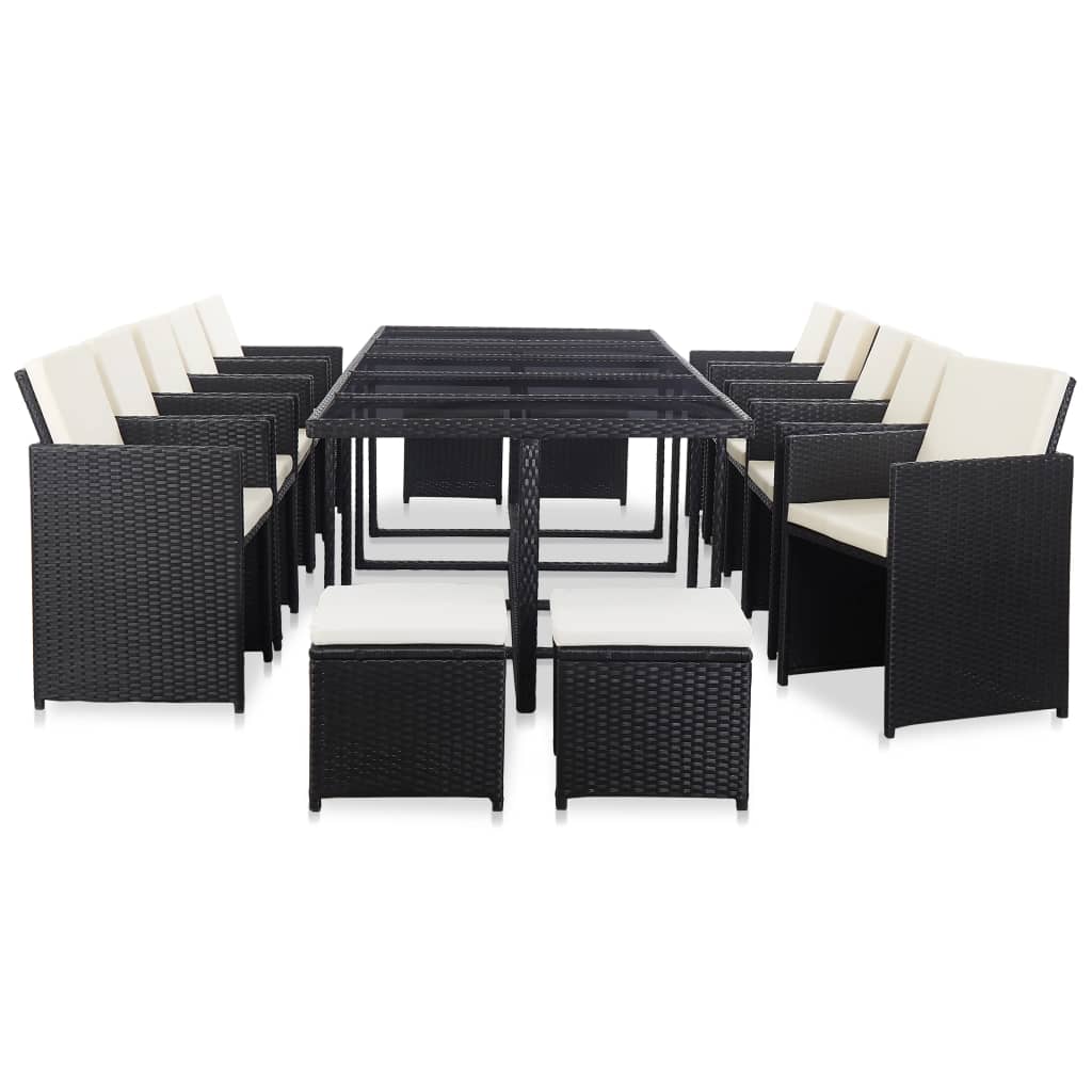 Vetonek Set comedor de jardín 15 piezas y cojines ratán sintético negro