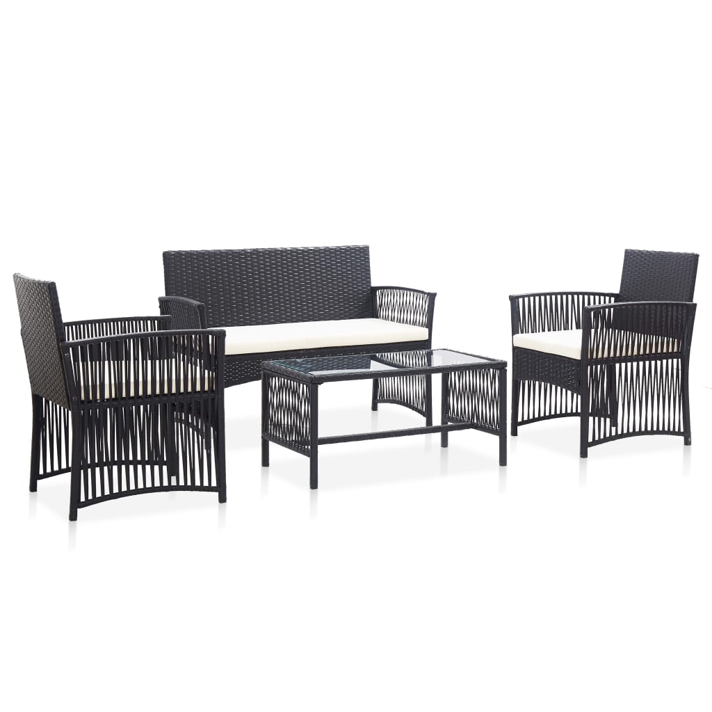 Vetonek Set muebles de jardín 4 piezas y cojines ratán sintético negro