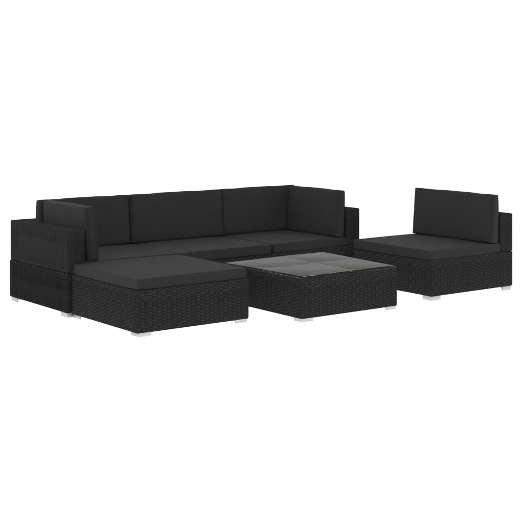 Set muebles de jardín 6 piezas y cojines ratán sintético negro