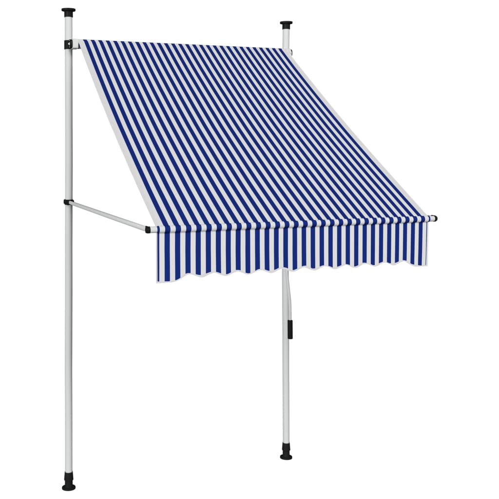 Toldo manual retráctil azul y blanco a rayas instalado, ideal para terraza, balcón o jardín.