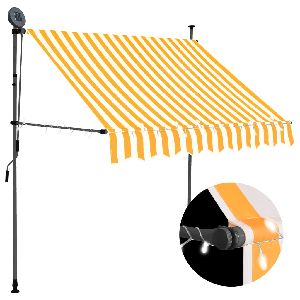 Toldo manual retráctil con luces LED blancas y naranjas, ideal para terraza o jardín, resistente a intemperie y fácil de limpiar.