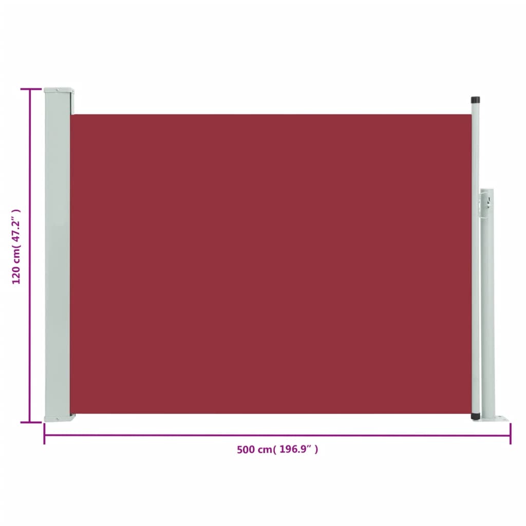 Red garden retractable side awning 120x500 cm